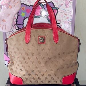Dooney & Bourke Tan Monogram Tote with Red Trim and Handles